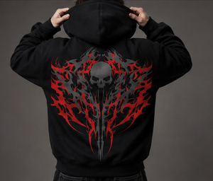 Sweat à capuche gothique pour homme, noir et rouge, imprimé crâne et flammes au dos, coupe classique, en polyester French Terry, idéal pour l'automne - Product Image 1