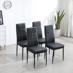 Set di 4 Eleganti Sedie da Pranzo Bianche con Cuscini Neri, Schienale Decorato a 6 Griglie, in Tessuto e Ferro, per Soggiorno - Product Image 1