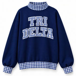 Sudadera Oversize Azul Marino Personalizada para Mujer con Cuello Alto, Apliques de Guingán y Bordado, Estilo Sorority, Venta al por Mayor, Marca Privada, OEM - Product Image 1