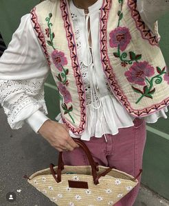 <b>Women's</b> Short Embroidered Floral Vest Open Front Cotton Sleeveless Vintage Style Suzani Hand Embroidery <b>Waistcoat</b> - Product Image 3