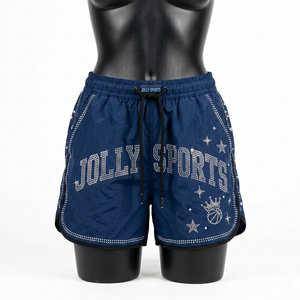 Shorts cortavientos para mujer, premium, 120 GSM, nailon, azul marino, con pedrería, transferencia térmica, logotipo personalizado. - Product Image 1