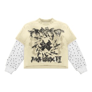 <b>Women</b> Double Layer Crop Shirt GSM Premium Cotton Polyester Blend Black Graphic Print <b>Mesh</b> Sleeve Custom Logo Double Layer Shirts - Product Image 4