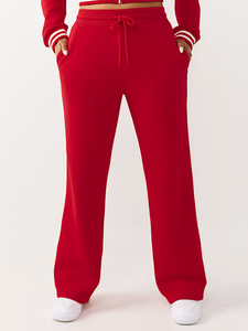 Pantalon cargo ample rouge pour femme, taille haute élastique, coupe décontractée, longueur intégrale, en coton tricoté à motif écossais, style hiver - Product Image 4