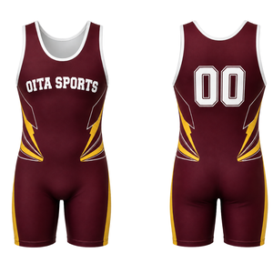 <b>Men</b> Burgundy Yellow Sublimated <b>Wrestling</b> <b>Singlet</b> Sleeveless Polyester Sports Uniform Performance Training Wear Clothing - Product Image 1