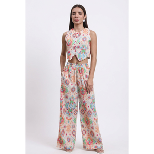 ชุดเซ็ตพิมพ์ลายสำหรับผู้หญิง เสื้อครอปแขนกุด กางเกงขายาวเอวสูง ชุดลำลองสองชิ้นสำหรับฤดูร้อน แฟชั่นทันสมัย - Product Image 1