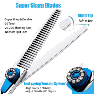 Ciseaux professionnels à effiler les cheveux en acier inoxydable avec poignées bleues et trous ronds pour les doigts, pour usage en salon - Product Image 6