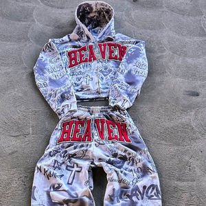 Conjunto de Sudadera y Pantalones Deportivos con Estampado Personalizado, Lavado Ácido y Efecto Desgastado, para Hombre, Estilo Urbano - Product Image 6