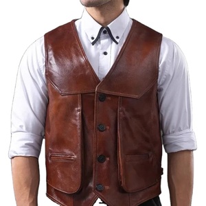 Chaleco de cuero genuino para hombre, capa superior, piel de vaca, múltiples bolsillos, Delgado, de talla grande, ecológico, invierno, sólido, Retro - Product Image 6