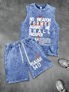Ensemble 2 pièces homme : Débardeur sans manches et short à taille élastiquée avec cordon de serrage, imprimé graphique et lettres, effet délavé personnalisé - Product Image 1