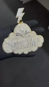 Pendentif Unisexe Luxe Plaqué Or Argent 925 Personnalisé avec Logo et Nom, Motif Nuage Éclair Moissanite Glacée Hip Hop - Product Image 3