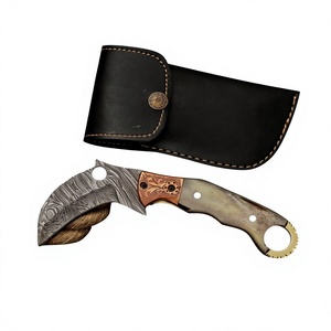 Premium Handmade Damascus steel folding <b>Knife</b> with Brass & <b>Bone</b> <b>Handle</b> - Brass Bolster Exquisite Artistry - Product Image 1