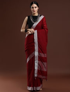 KV Women's Woven Solid Bhagalpuri Linen <b>Red</b> <b>Saree</b> With Unstitched Blouse - Product Image 1
