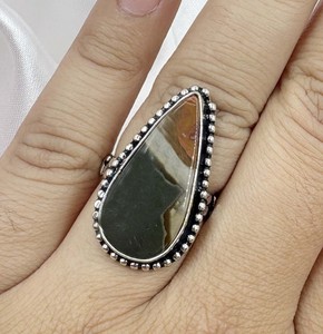Natural Brass Imperial Jasper Bezel Setting 925 Silver Plated Trendy Unisex Pear Cut Gemstone <b>Statement</b> <b>Ring</b> Wholesale - Product Image 4