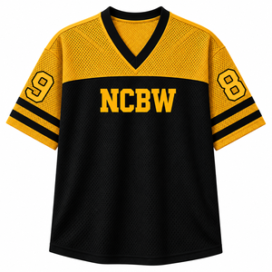 Camiseta Personalizada con Cuello en V de la Hermandad Femenina NCBW, Diseño de Bloques de Color, Manga Corta, Negro y Dorado, Estilo Casual para Mujer, Malla de Poliéster - Product Image 3