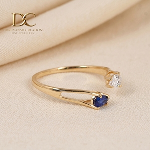 Classic Designer 14KT Solid Yellow Gold <b>Adjustable</b> <b>Ring</b> with Lab Grown Diamond and Blue Sapphire IGI Certified Jewelry for Women - Product Image 3
