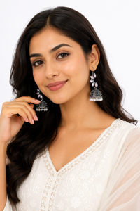Vintage Oxidized <b>Silver</b> Pink Marquise Stone Pearl Jhumka <b>Earrings</b> for Women | Handmade Boho Ethnic Indian Statement Jewelry - Product Image 2