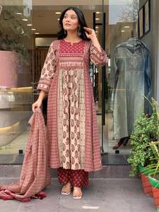 Red Panel Print Pure Cotton Round Neck Women Salwar Kameez Set 3/4th Sleeve <b>Kurti</b> & Pant with Dupatta for Party Wedding - Product Image 5