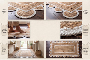 Custom Size Green <b>Scalloped</b> Border Jute Area <b>Rug</b> Handmade Woven Farmhouse Boho Living Room Entryway Carpet Natural - Product Image 3