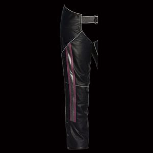 Women's Motorcycle <b>Riding</b> <b>Chaps</b> Women's 'Pink Stripe' Classic Black Rub-Off Low-Rise Leather <b>Chaps</b> - Product Image 2