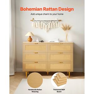 Cómoda Moderna de Madera y Ratán con 6 Cajones, Tiradores y Patas Metálicas, Cómoda Doble para Dormitorio, Cajonera de Ratán Natural - Product Image 4