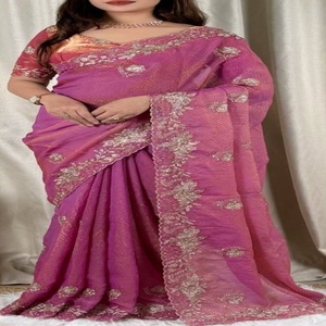 Best Quality Fancy Satin Jacquard with Sequin-<b>Beads</b>-Zari Self Weaving Work Saree-Matching work Blouse Collection Indian Exporter - Product Image 1
