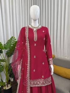 Maroon Embroidered Straight Cut <b>Kurta</b> Set With Palazzo And Dupatta <b>For</b> <b>Women</b> - Product Image 2