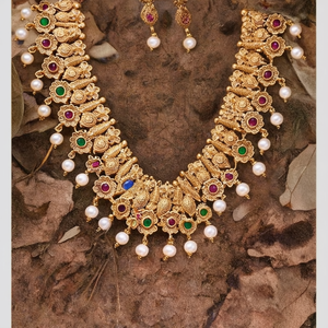 Gold Plated <b>Pearl</b> Bridal <b>Jewelry</b> <b>Set</b>-Traditional Matte Pota Stone Necklace & Earrings - Product Image 3