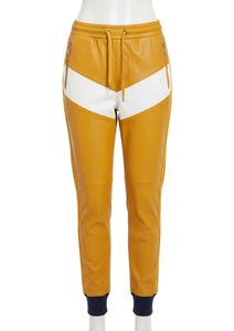 Ensemble de survêtement pour homme en cuir jaune premium avec design à rayures blanches contrastées et pantalon de jogging fuselé - Product Image 5