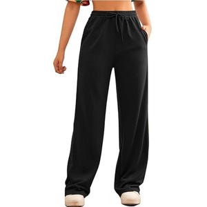 Pantalon large pour femmes grandes tailles, couleur unie, coupe ample, taille à cordon, décontracté, longueur intégrale, pantalon de survêtement en tricot avec poches - Product Image 3