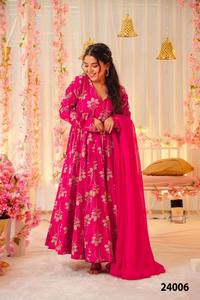 Robe Anarkali rose imprimée pour femme, longueur ras du sol, style traditionnel indien et pakistanais, en coton, décontractée, coupe ample - Product Image 3