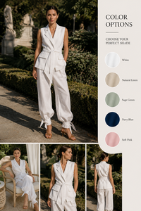 Ensemble Bohème Femme en Lin/Coton : Blazer Sans Manches Col Mandarin et Pantalon Cheville Ceinturé – Deux Pièces Écologique et Respirant - Product Image 4