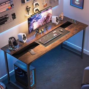 Moderno semplice 59.8 pollici grande ufficio Computer scrivania rustico/nero in legno lavoro & tavolo da gioco con struttura in metallo per studio a casa - Product Image 1