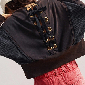 Custom 2026 Women Cropped Sweatshirt Lace Up <b>Back</b> Pullover Casual Streetwear Top Loose Long Sleeve Fashion Hoodie - Product Image 2