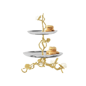 Support à gâteaux à 2 étages en aluminium attrayant avec un design floral et papillon, plaqué argent, pour les mariages et les réceptions. - Product Image 6