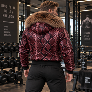 Men's Exotic Python Skin <b>Jacket</b> with Fox <b>Fur</b> <b>Hood</b> Luxury Motorcycle Outerwear | Herren Lederjacke | Chaqueta Hombre Cuero - Product Image 2