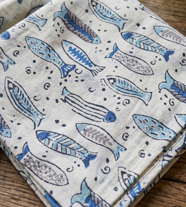 Servilleta de Algodón con Estampado de Peces Azules al por Mayor, Lino de Mesa Costero, Servilleta de Cena con Estampado a Mano, Servilleta de Tela Náutica, Tema Oceánico - Product Image 5