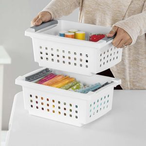 2 confezioni piccolo cesto impilabile bidone di plastica bianco aperto salvaspazio biancheria organizer - Product Image 3