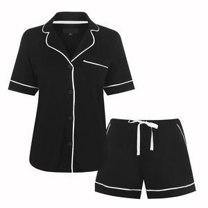 Women's Black 2-Piece Shorts Set Turn-<b>Down</b> Collar Short Sleeve Regular Fit Casual Spring Summer Breathable Knitted Cotton - Product Image 1