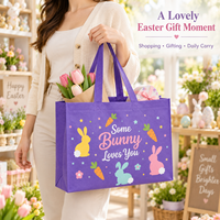 Sacs fourre-tout en tissu non tissé personnalisables avec logo, écologiques, recyclables et réutilisables, imprimés de motifs de lapins et d'œufs de Pâques pastel violets, en gros