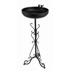 Bain d'oiseaux vintage en fer noir pour jardin, avec piédestal en métal décoratif et figurines d'oiseaux - Product Image 1