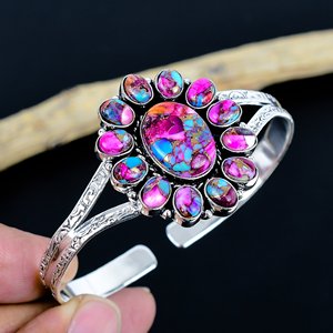 Flower Shape pink Spiny oyster Cuff <b>Bracelet</b> Women's Bohemia Style Antique 925 sterling Silver Plated Natural Stone Jewelry Gift - Product Image 1