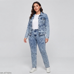 Women Acid Wash Denim <b>Jacket</b> And <b>Straight</b> Leg Jeans Set Casual Two Piece Matching Denim Outfit Streetwear Fashion - Product Image 1