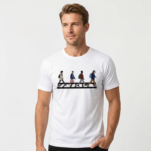 เสื้อยืดแขนสั้นสีขาวสำหรับผู้ชาย พิมพ์ลายสไตล์ Abbey Road ทรงปกติ คอกลม ผ้าเจอร์ซีย์ลำลอง ผ้าฝ้าย 100% เนื้อผ้าเบา ผลิตในบังกลาเทศ - Product Image 4