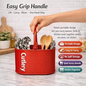<b>Red</b> Cylindrical <b>Metal</b> Cutlery Storage Holder with Handle for Kitchen Tableware Organization Modern Design - Product Image 3