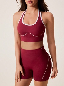Women 2 Piece Yoga Set Burgundy Solid Color Racerback <b>Crop</b> <b>Top</b> High Waist Shorts Contrast Stitch Seamless Four-Way Stretch - Product Image 2