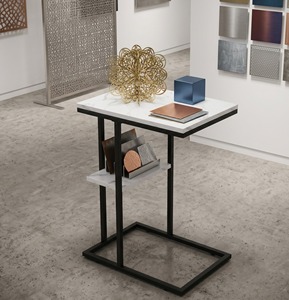 2 Tier End <b>Table</b> Modern C Shaped Side <b>Table</b> White Marble <b>Black</b> Metal Frame Narrow Coffee Laptop Desk <b>Sofa</b> Bedside Shelf - Product Image 1