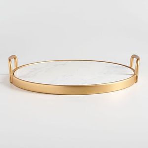 Plateau décoratif rond en marbre de luxe avec poignées en fer plaqué or, design minimaliste multifonctionnel moderne pour la décoration de la maison - Product Image 1