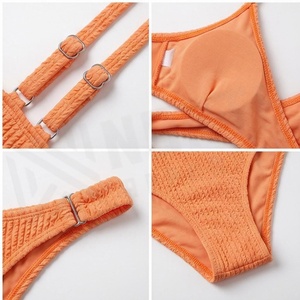 Orange Ribbed 2 Piece Bikini Set <b>Crossed</b> Halter <b>Top</b> High Waist Bottom Women Swimwear - Product Image 4