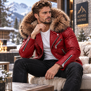 Men's Snake Leather <b>Jacket</b> with <b>Real</b> Detachable Fox <b>Fur</b> Hood | Herren Lederjacke | Chaqueta Hombre de Cuero Python - Product Image 5