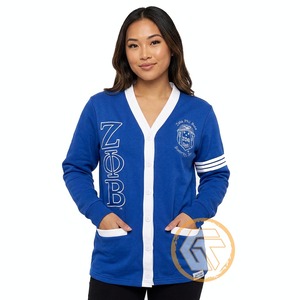 เสื้อกันหนาวไหมพรมผู้หญิง Zeta Phi Beta แบบสั่งทำ ราคาถูก ขายดี แห้งเร็ว หนานุ่ม สวมใส่สบาย คอวีติดกระดุม สีตัดกัน - Product Image 3